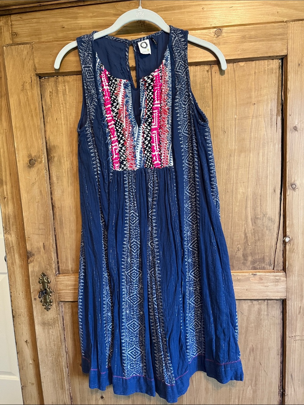 Anthropologie Indigo Dress with Pink Embroidered Bib